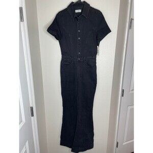 Jessica Simpson Womens 5 Black Denim Jumpsuit Short Sleeve Button Front NWT